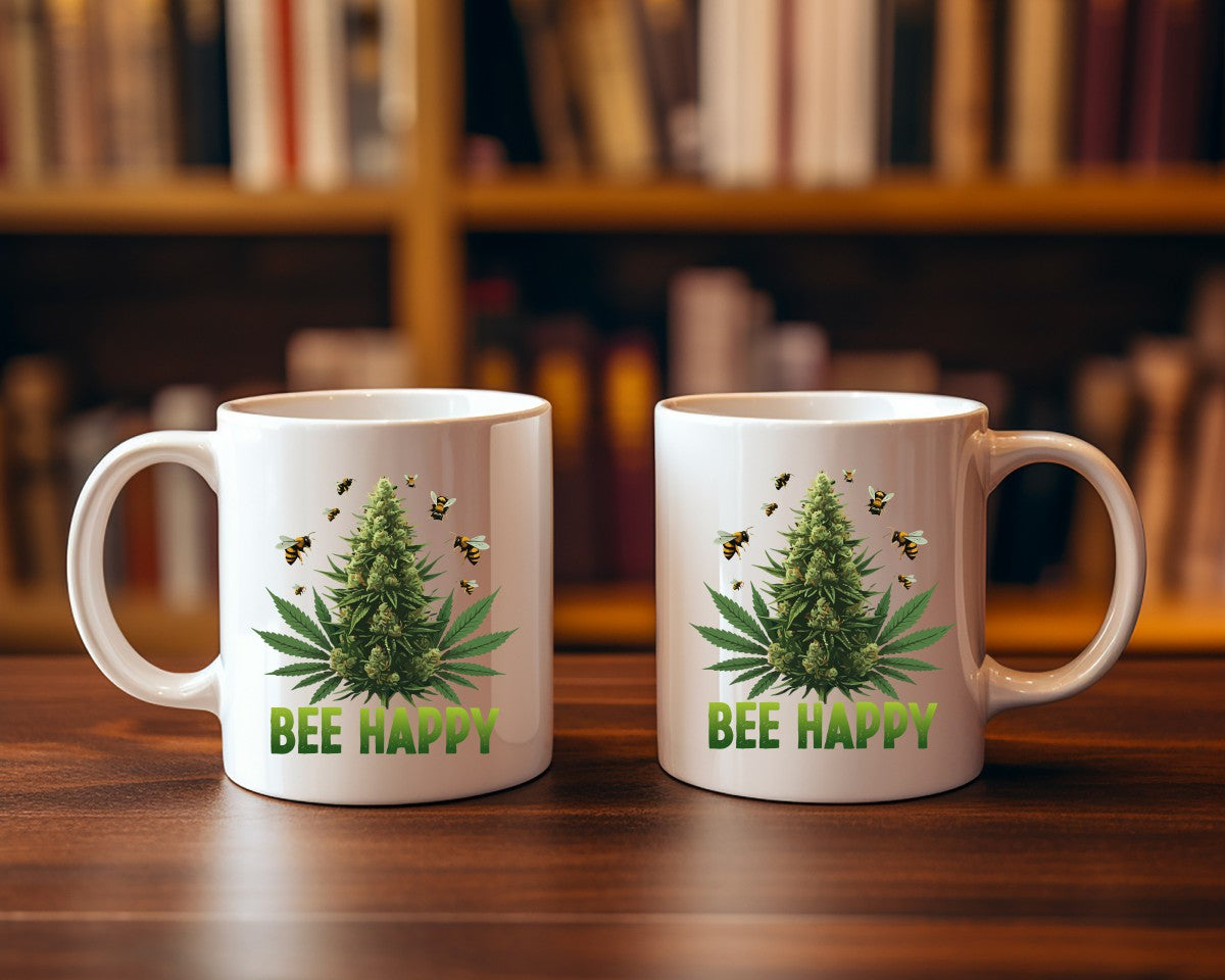 Bee Happy Marijuana Weed Coffee Mugs
