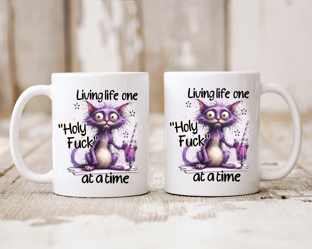 Living Life One Holy F**k At A Time Cat Saying, Quote Coffee Mug