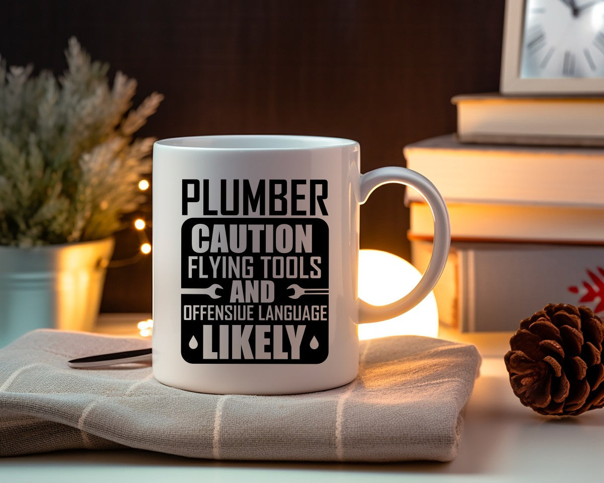 Plumber Caution Flying Tools Plumber Coffee Mug