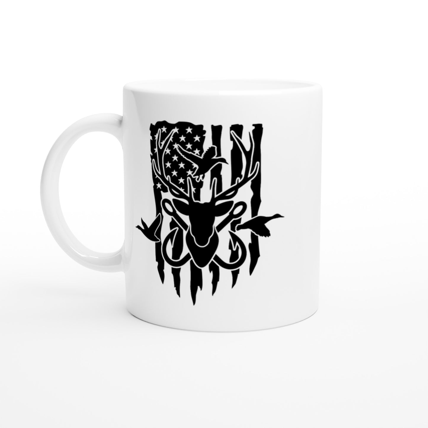 US Flag Deer Ducks and Fish Hooks Hunting Coffee Mug