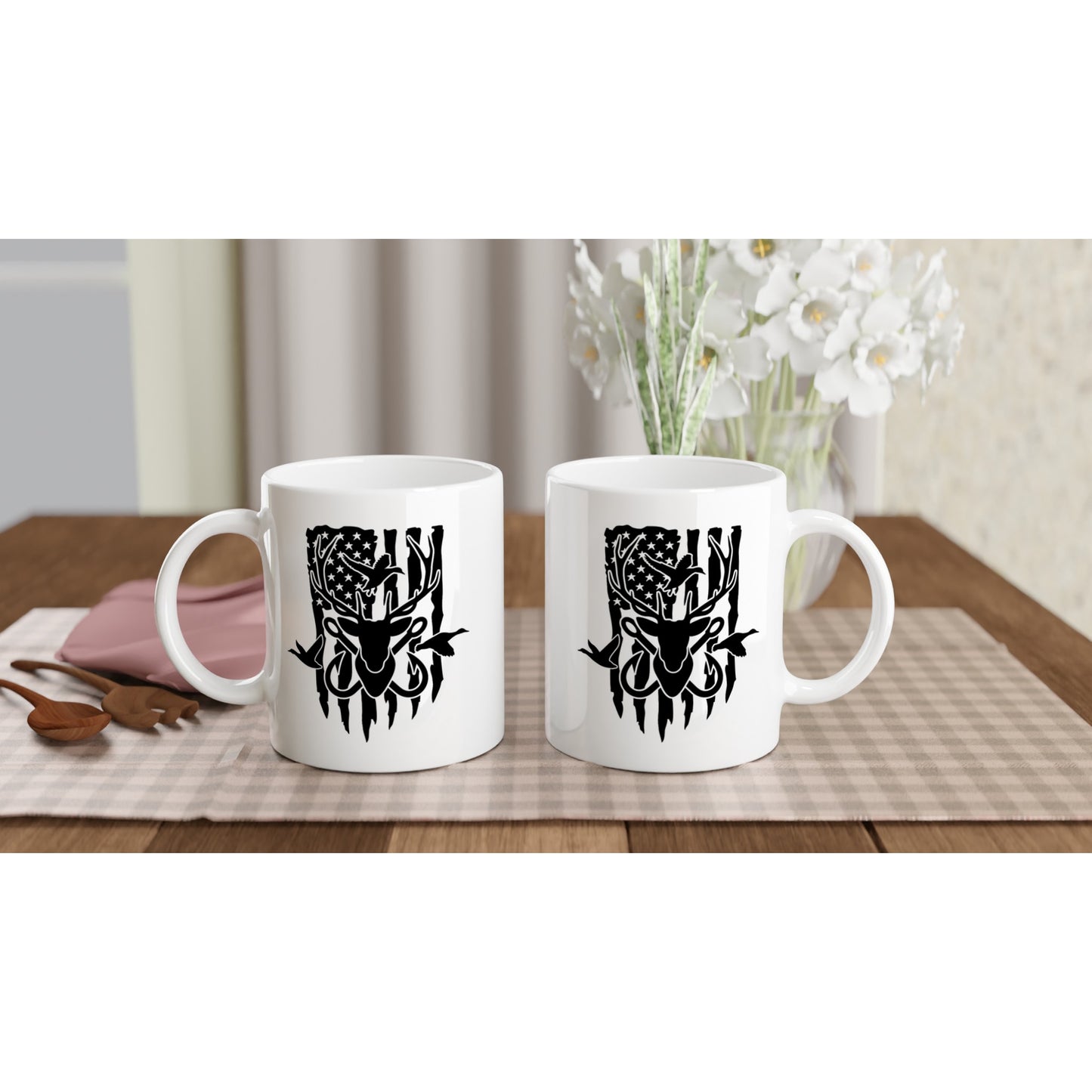 US Flag Deer Ducks and Fish Hooks Hunting Coffee Mug