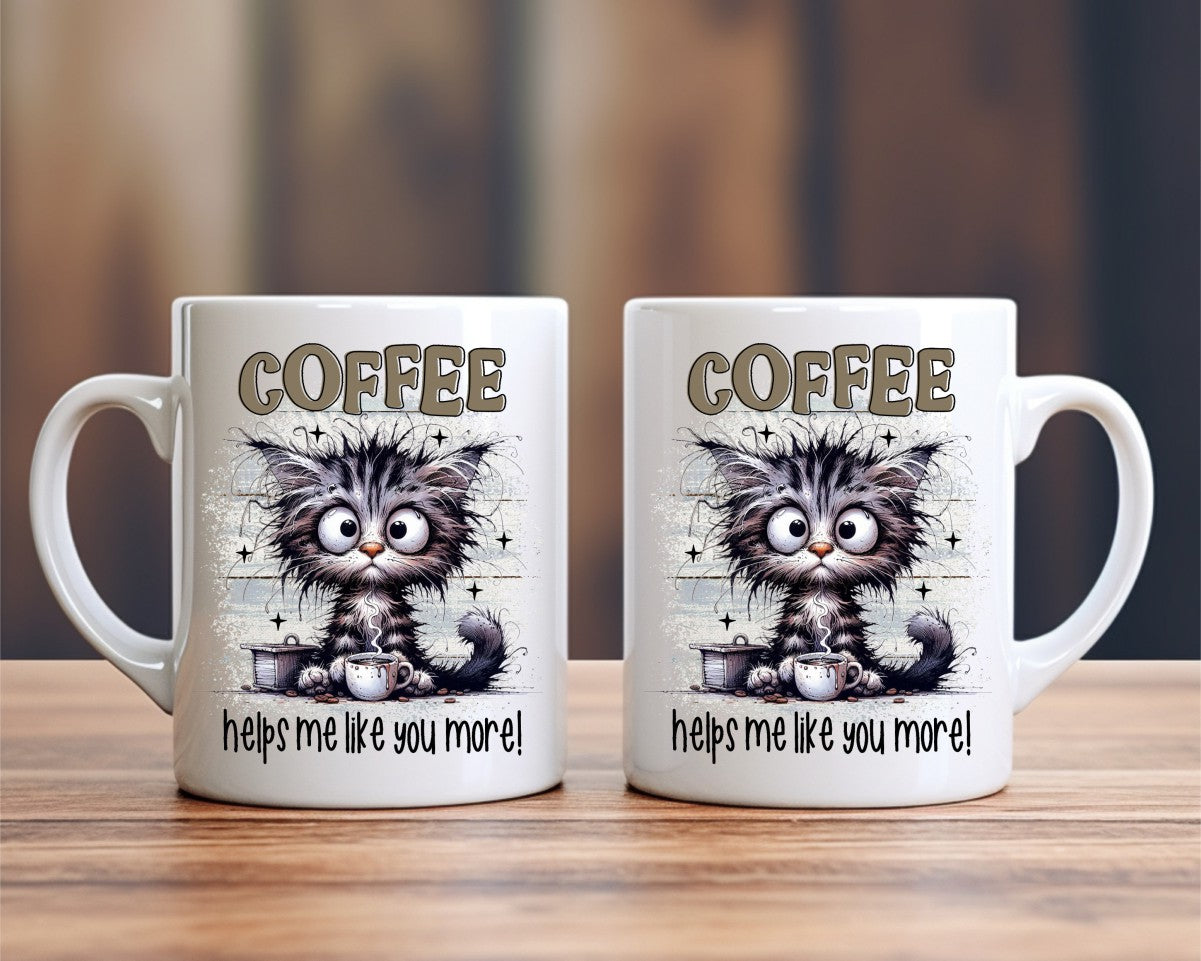 Coffee Helps Me Like You More Cat Saying, Quote Coffee Mug