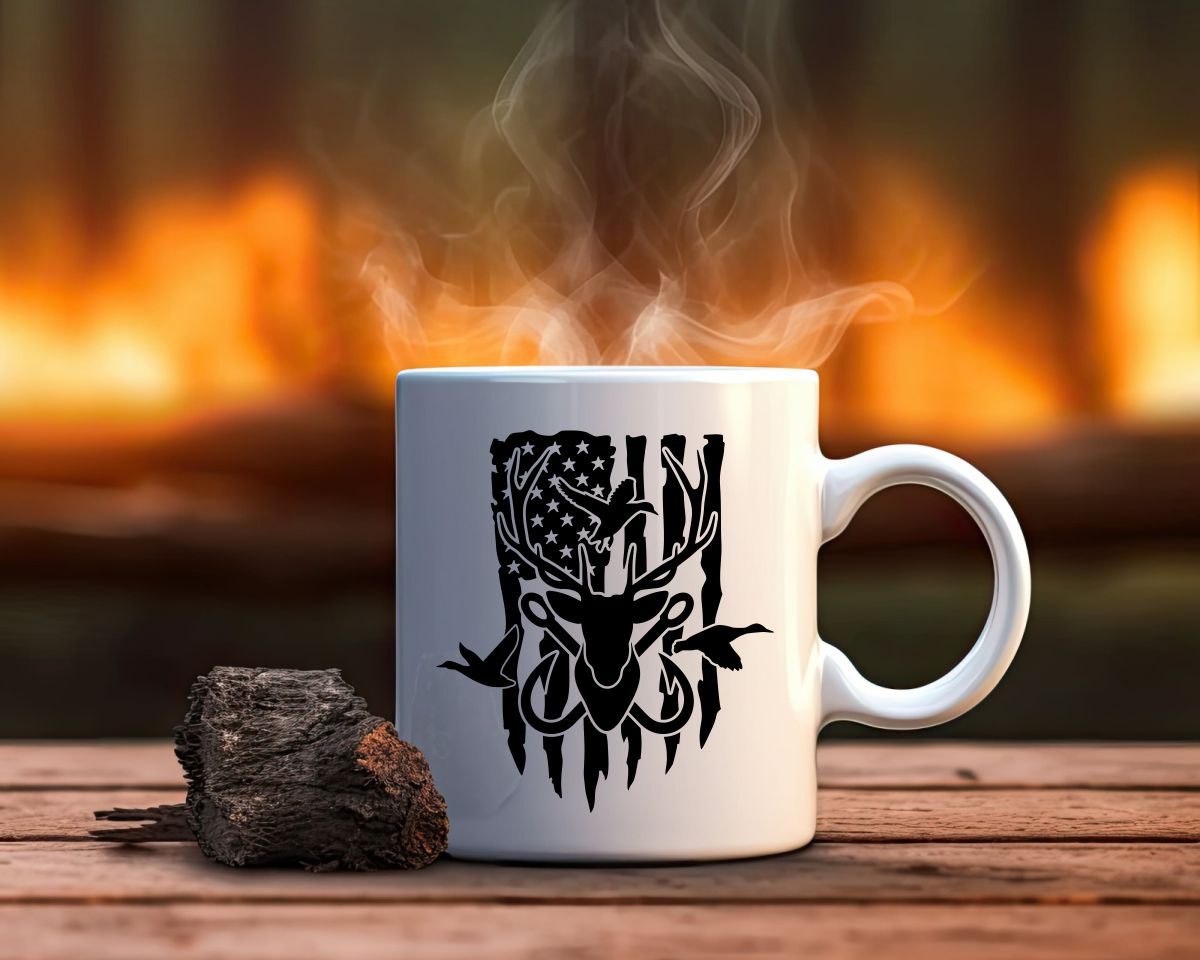 US Flag Deer Ducks and Fish Hooks Hunting Coffee Mug