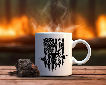 US Flag Deer Ducks and Fish Hooks Hunting Coffee Mug