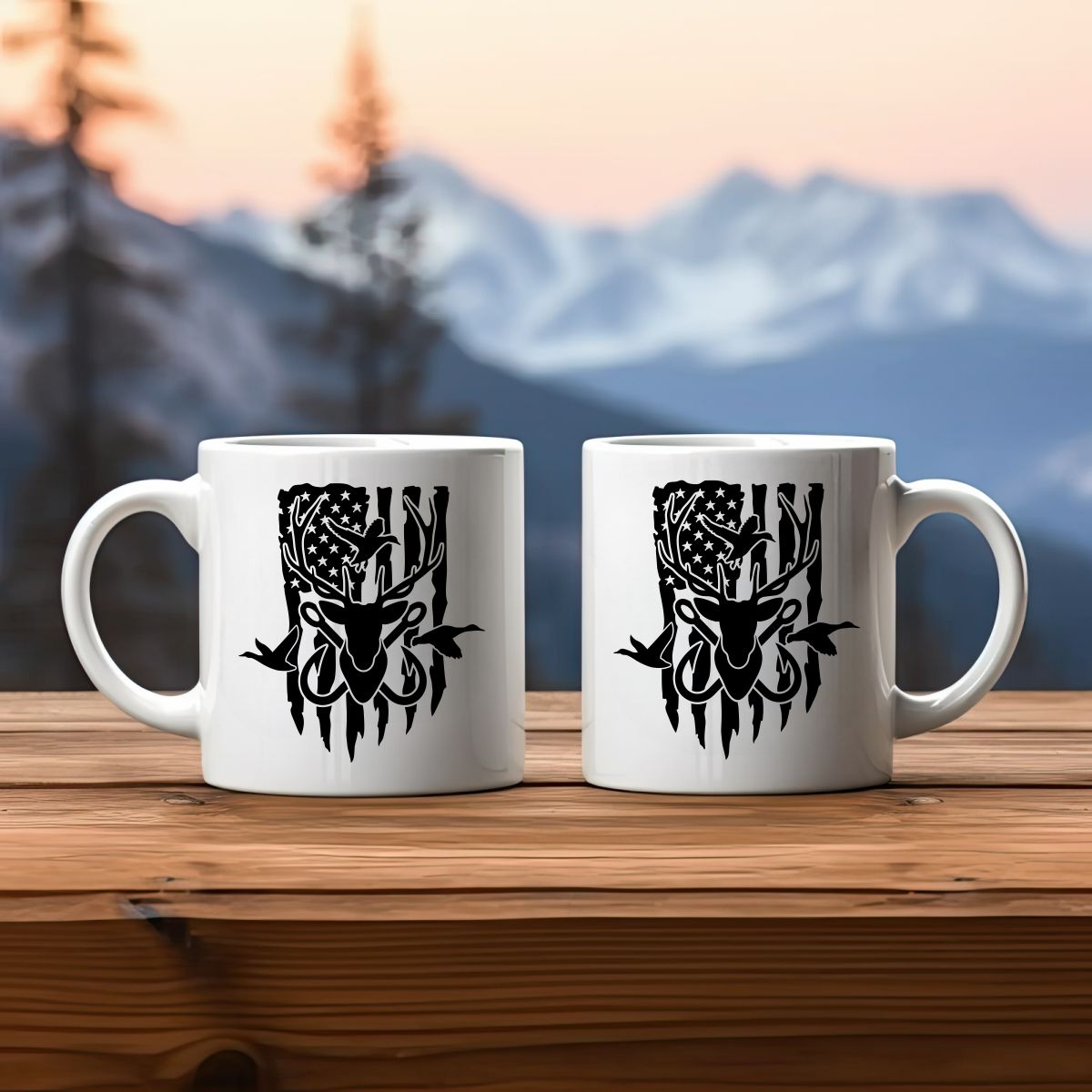 US Flag Deer Ducks and Fish Hooks Hunting Coffee Mug